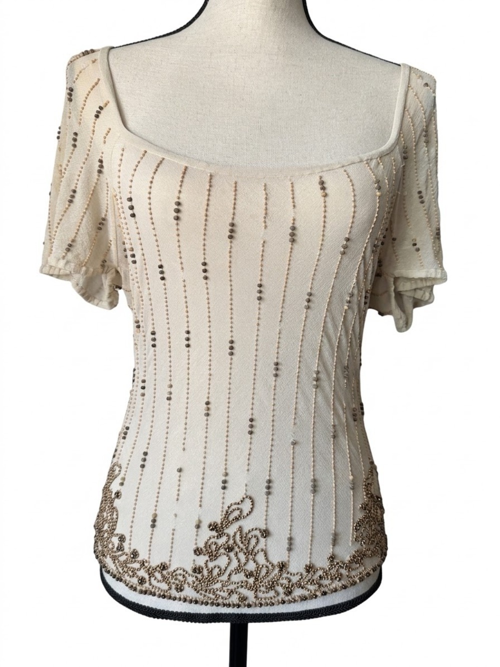 Vintage Bonnie Strauss Beaded Top Cream Sheer Cowl Back Crop Blouse S Flawed